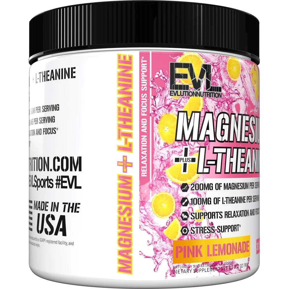 Magnesium + L-Theanine - Natural Relaxation & Focus Support - 200Mg Magnesium + 100Mg L-Theanine - Vegan & Non-Gmo - Powder Dietary Supplement - 30 Servings - Pink Lemonade