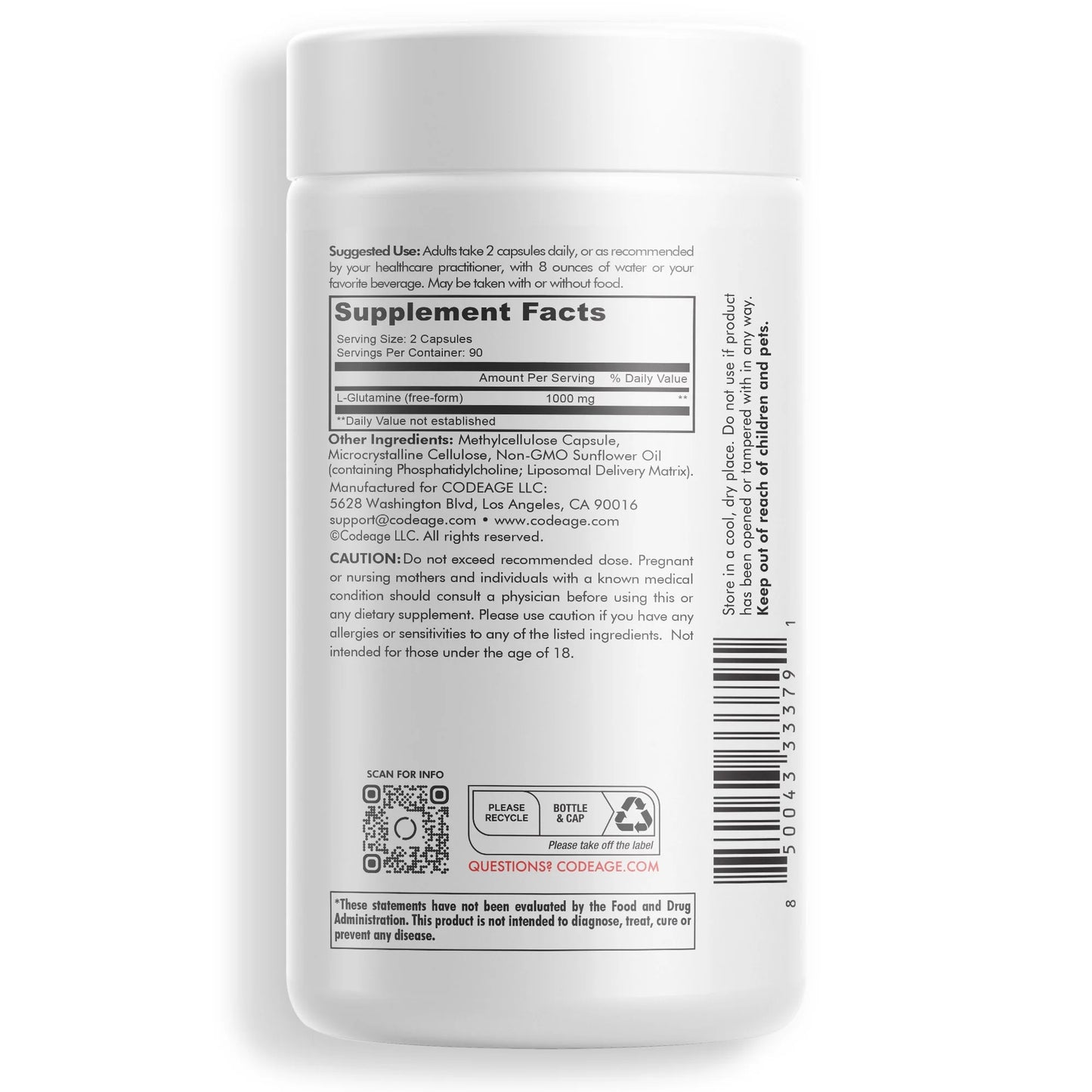 Liposomal L-Glutamine 1000Mg Supplement, Free-Form Glutamine Formula, 3-Month Supply, 180 Ct