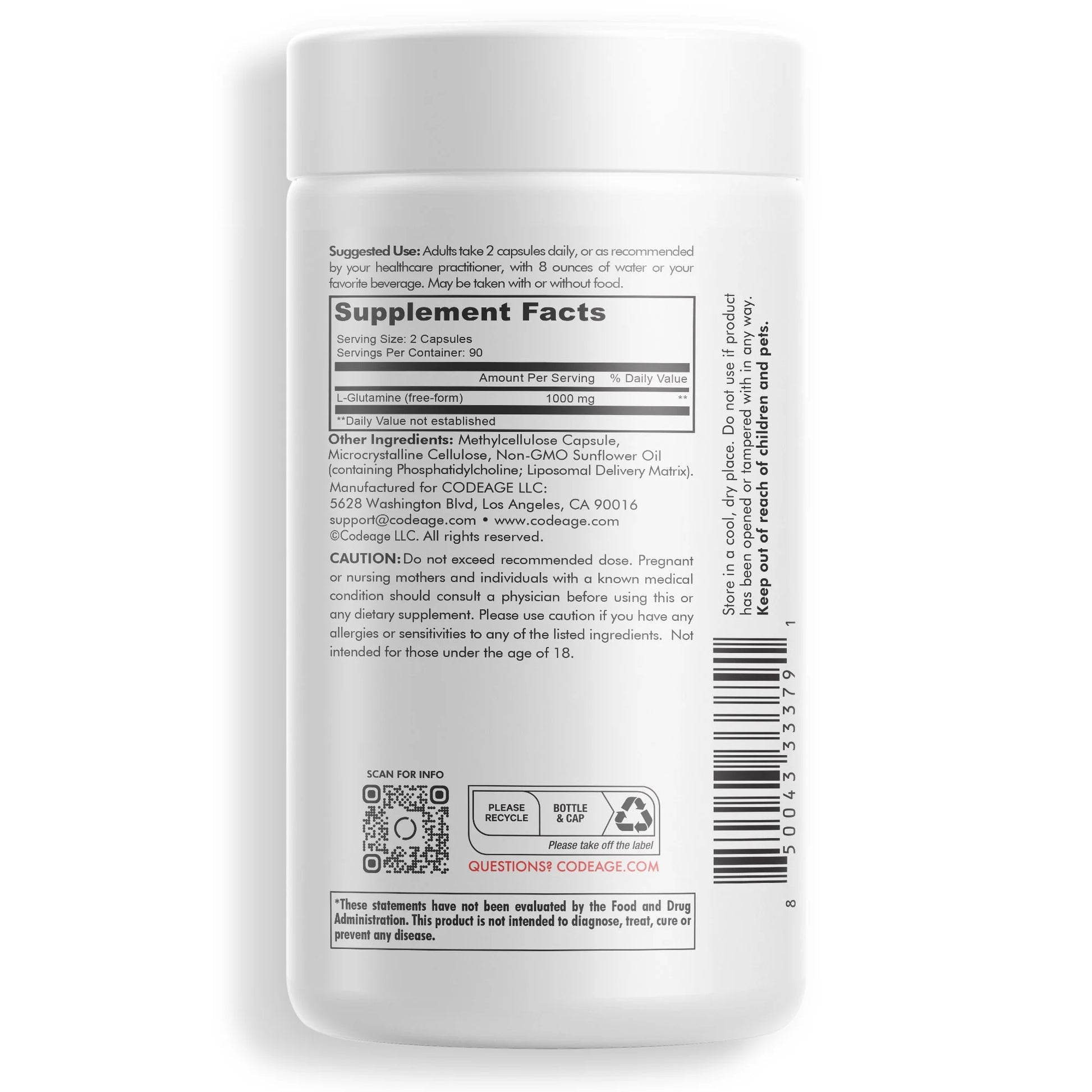 Liposomal L-Glutamine 1000Mg Supplement, Free-Form Glutamine Formula, 3-Month Supply, 180 Ct